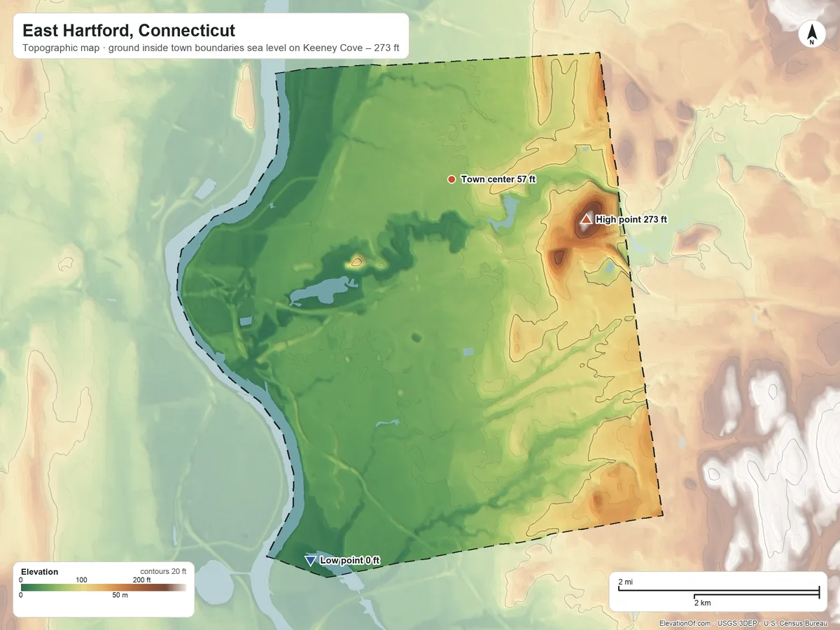Topographic elevation map of East Hartford, Connecticut, shaded from sea level level on Keeney Cove to 273 ft on Laurel Park Hill