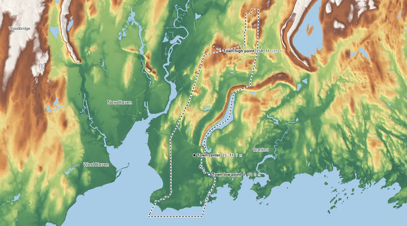 Topographic elevation map of East Haven, Connecticut, shaded from sea level level on Long Island Sound to 350 ft on the north side