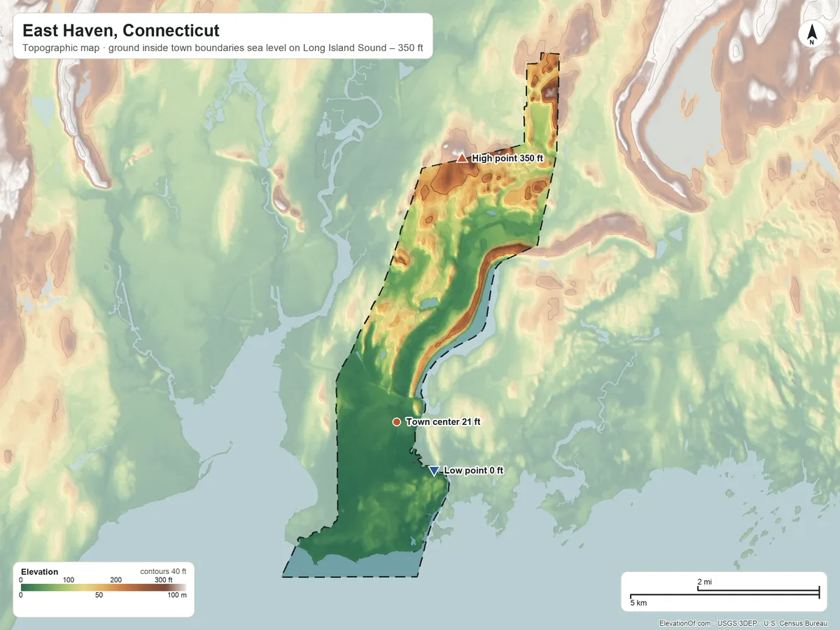 Topographic elevation map of East Haven, Connecticut, shaded from sea level level on Long Island Sound to 350 ft on the north side
