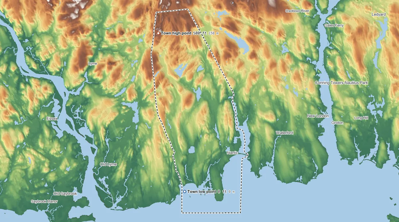 Topographic elevation map of East Lyme, Connecticut, shaded from sea level level on Long Island Sound to 500 ft on the northwest side