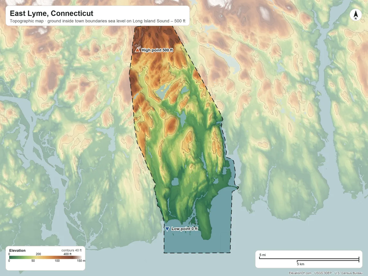 Topographic elevation map of East Lyme, Connecticut, shaded from sea level level on Long Island Sound to 500 ft on the northwest side