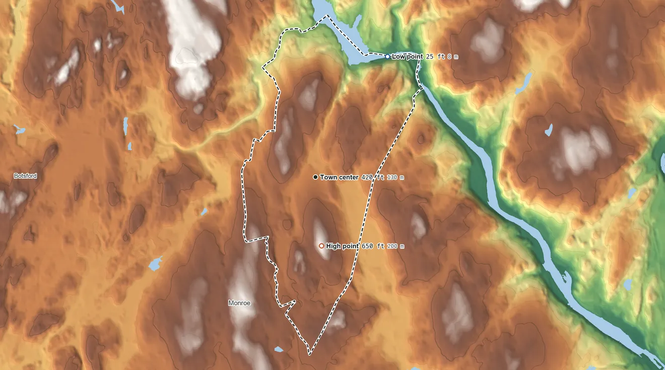 Topographic elevation map of East Village, Connecticut, shaded from 25 ft on the northeast side to 650 ft on Barn Hill