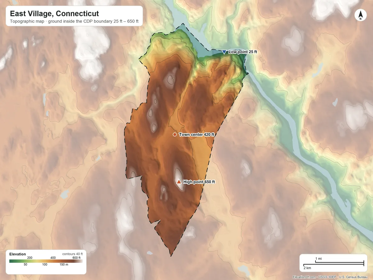 Topographic elevation map of East Village, Connecticut, shaded from 25 ft on the northeast side to 650 ft on Barn Hill