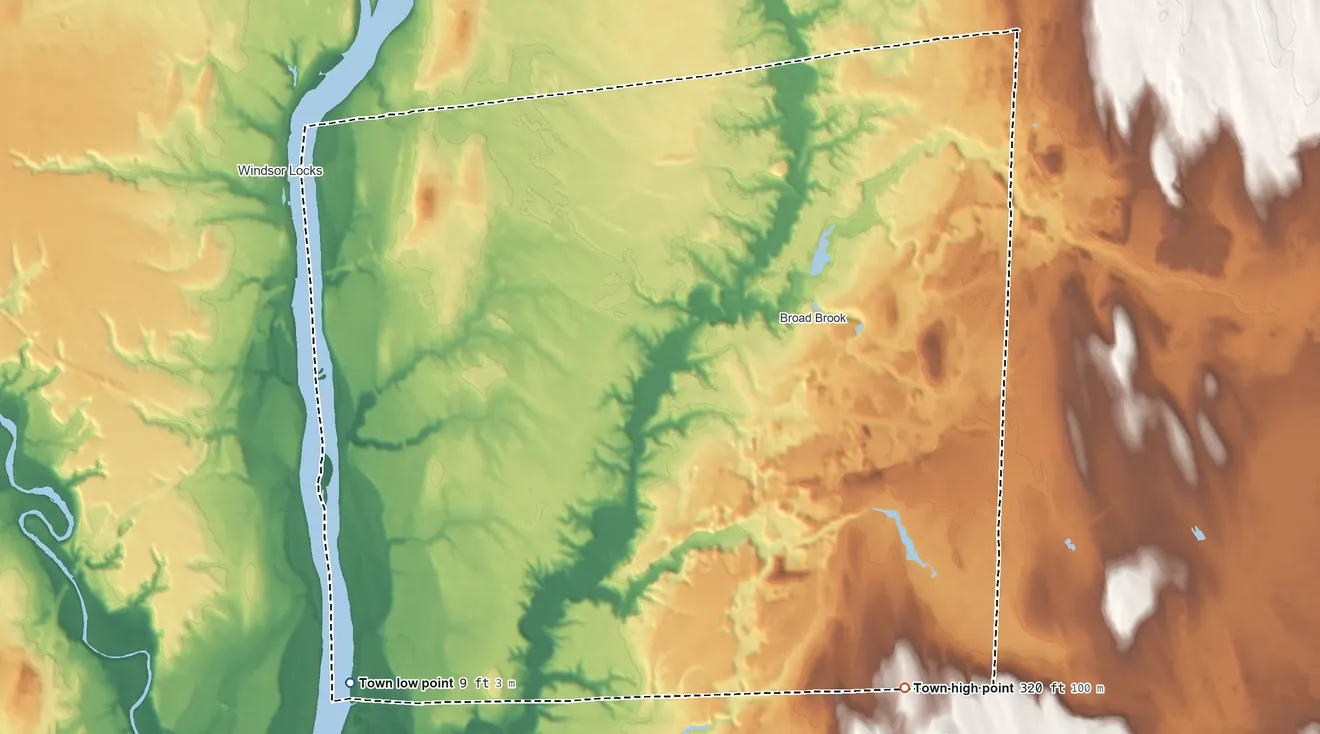 Topographic elevation map of East Windsor, Connecticut, shaded from 9 ft on the southwest side to 320 ft on the southeast side