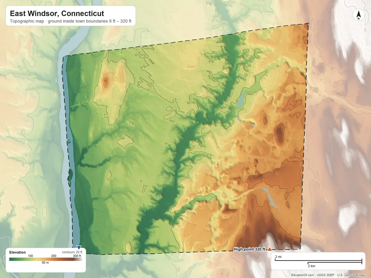 Topographic elevation map of East Windsor, Connecticut, shaded from 9 ft on the southwest side to 320 ft on the southeast side