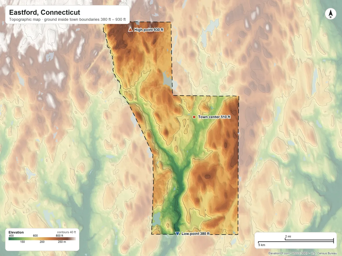 Topographic elevation map of Eastford, Connecticut, shaded from 380 ft on the south side to 930 ft on the northwest side