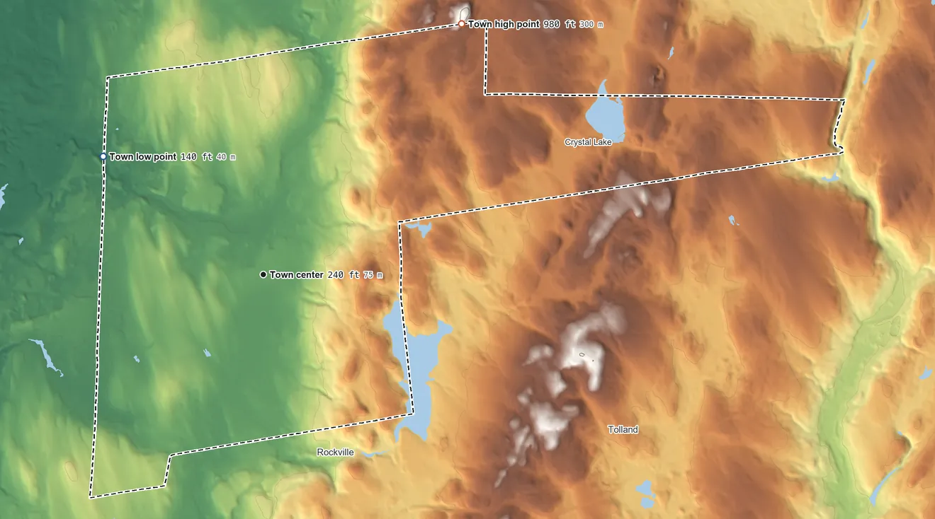 Topographic elevation map of Ellington, Connecticut, shaded from 140 ft on the northwest side to 980 ft on the northeast edge, below higher ground just outside