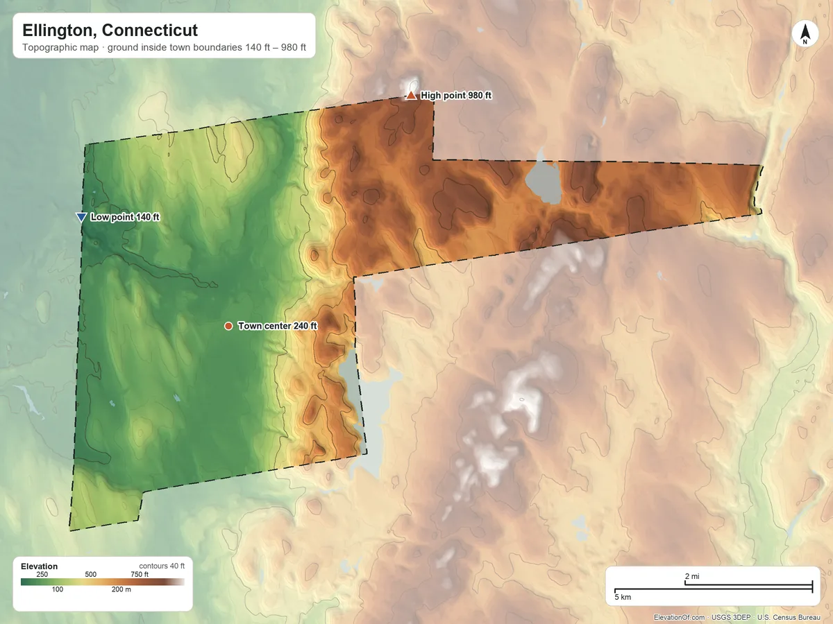Topographic elevation map of Ellington, Connecticut, shaded from 140 ft on the northwest side to 980 ft on the northeast edge, below higher ground just outside