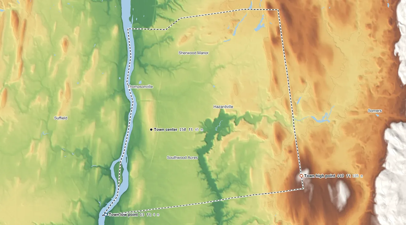 Topographic elevation map of Enfield, Connecticut, shaded from 13 ft on the southwest side to 440 ft on the east side