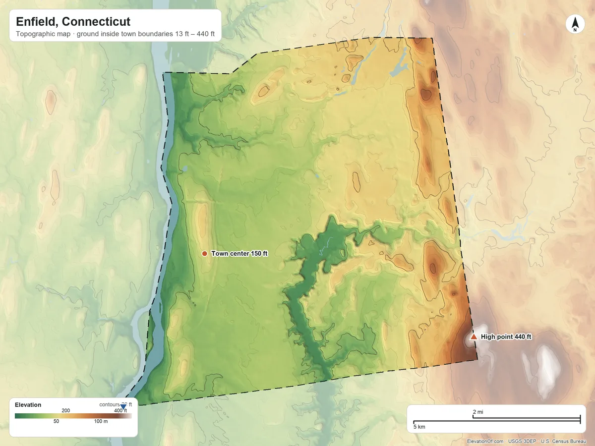 Topographic elevation map of Enfield, Connecticut, shaded from 13 ft on the southwest side to 440 ft on the east side