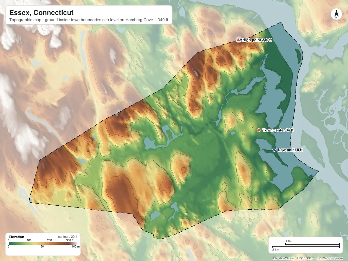 Topographic elevation map of Essex, Connecticut, shaded from sea level level on Hamburg Cove to 340 ft on Millstone Hill