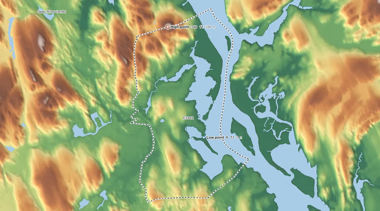 Topographic elevation map of Essex Village, Connecticut, shaded from sea level level on Hamburg Cove to 340 ft on Millstone Hill