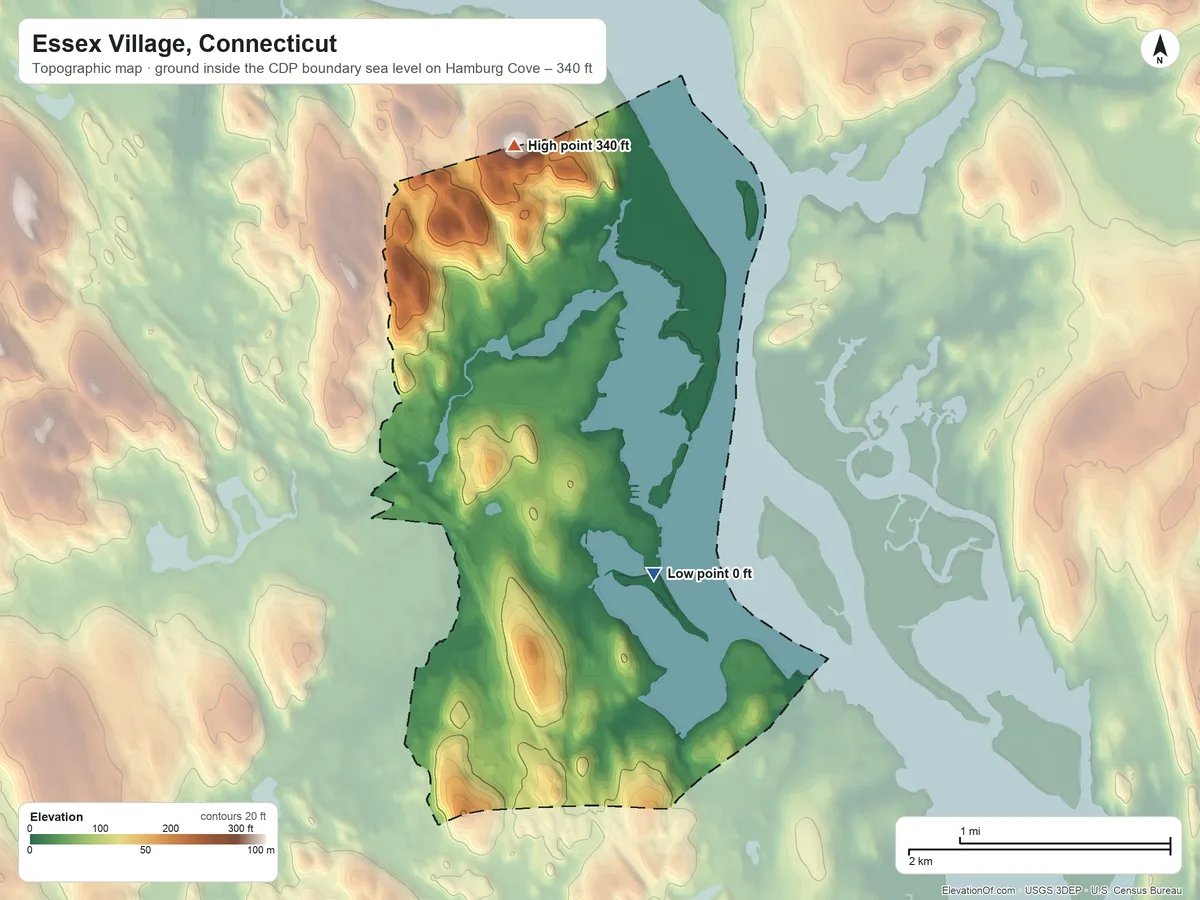 Topographic elevation map of Essex Village, Connecticut, shaded from sea level level on Hamburg Cove to 340 ft on Millstone Hill