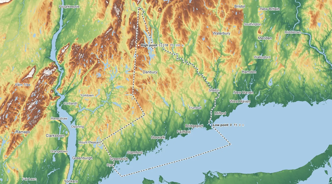 Topographic elevation map of Fairfield County, Connecticut, shaded from sea level on the Holly Pond to 1,270 ft on the northwest side