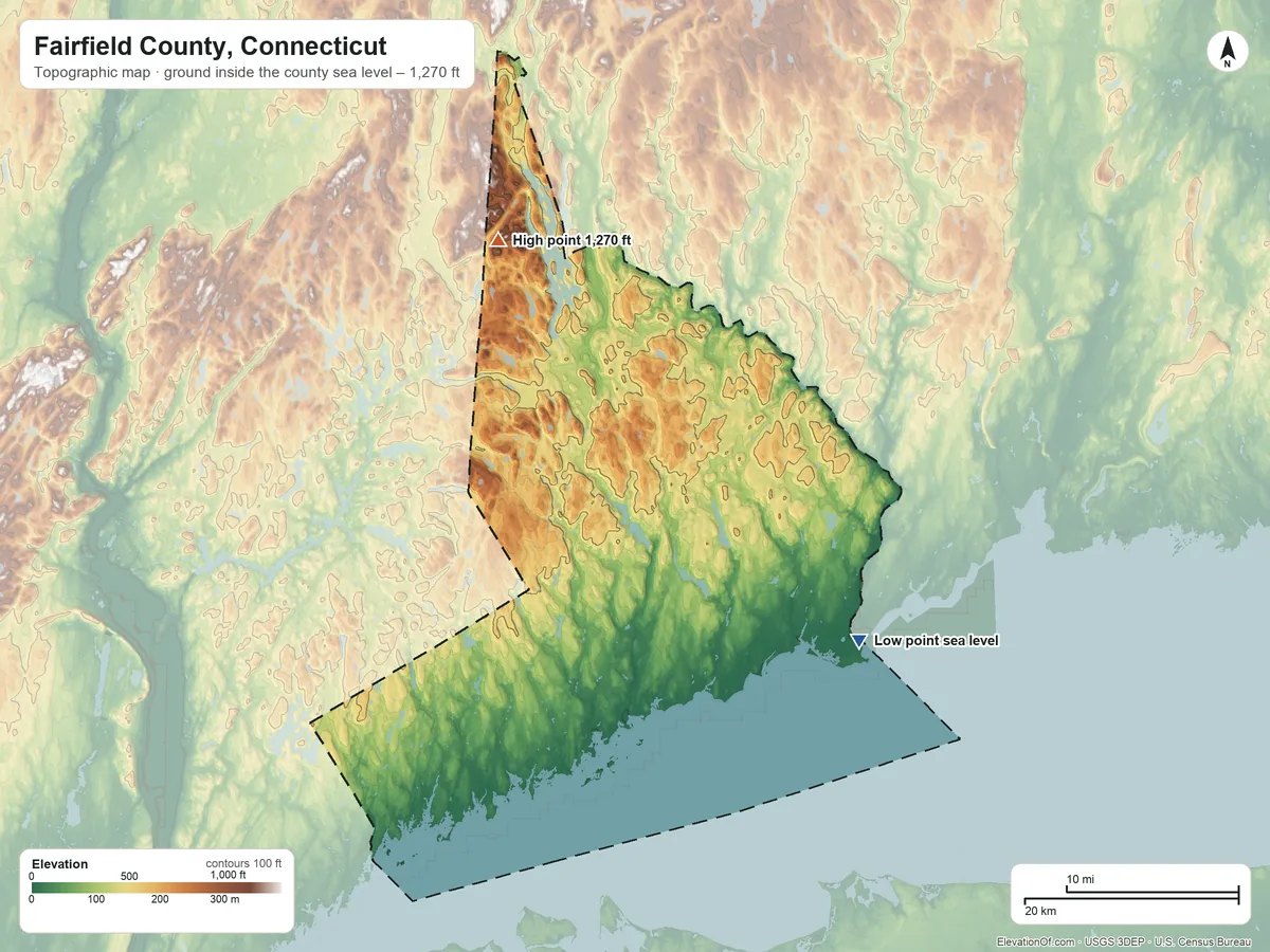 Topographic elevation map of Fairfield County, Connecticut, shaded from sea level on the Holly Pond to 1,270 ft on the northwest side