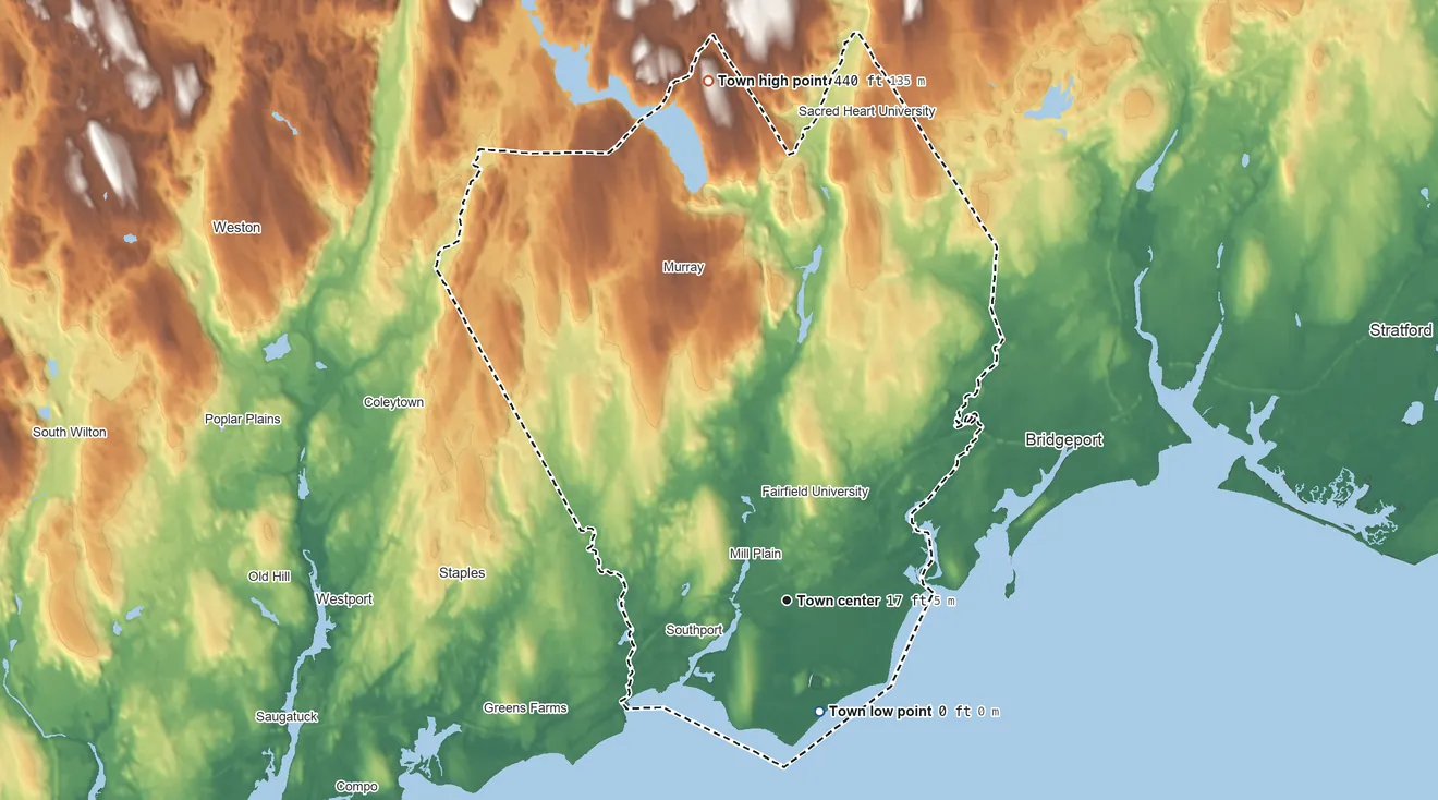 Topographic elevation map of Fairfield, Connecticut, shaded from sea level level on Southport Harbor to 440 ft on Hoyden Hill