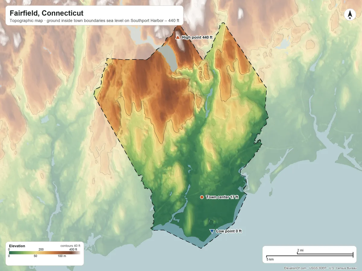 Topographic elevation map of Fairfield, Connecticut, shaded from sea level level on Southport Harbor to 440 ft on Hoyden Hill