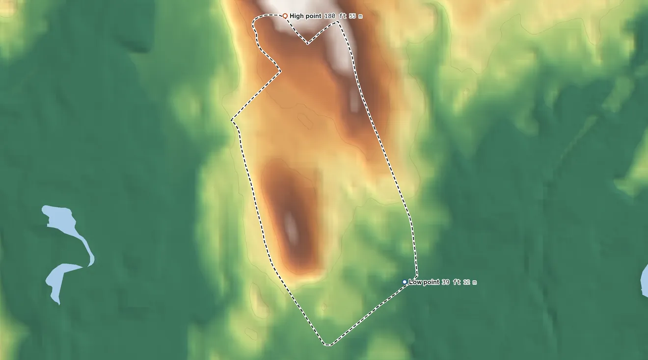 Topographic elevation map of Fairfield University, Connecticut, shaded from 39 ft on the southeast side to 180 ft on the north edge, below higher ground just outside