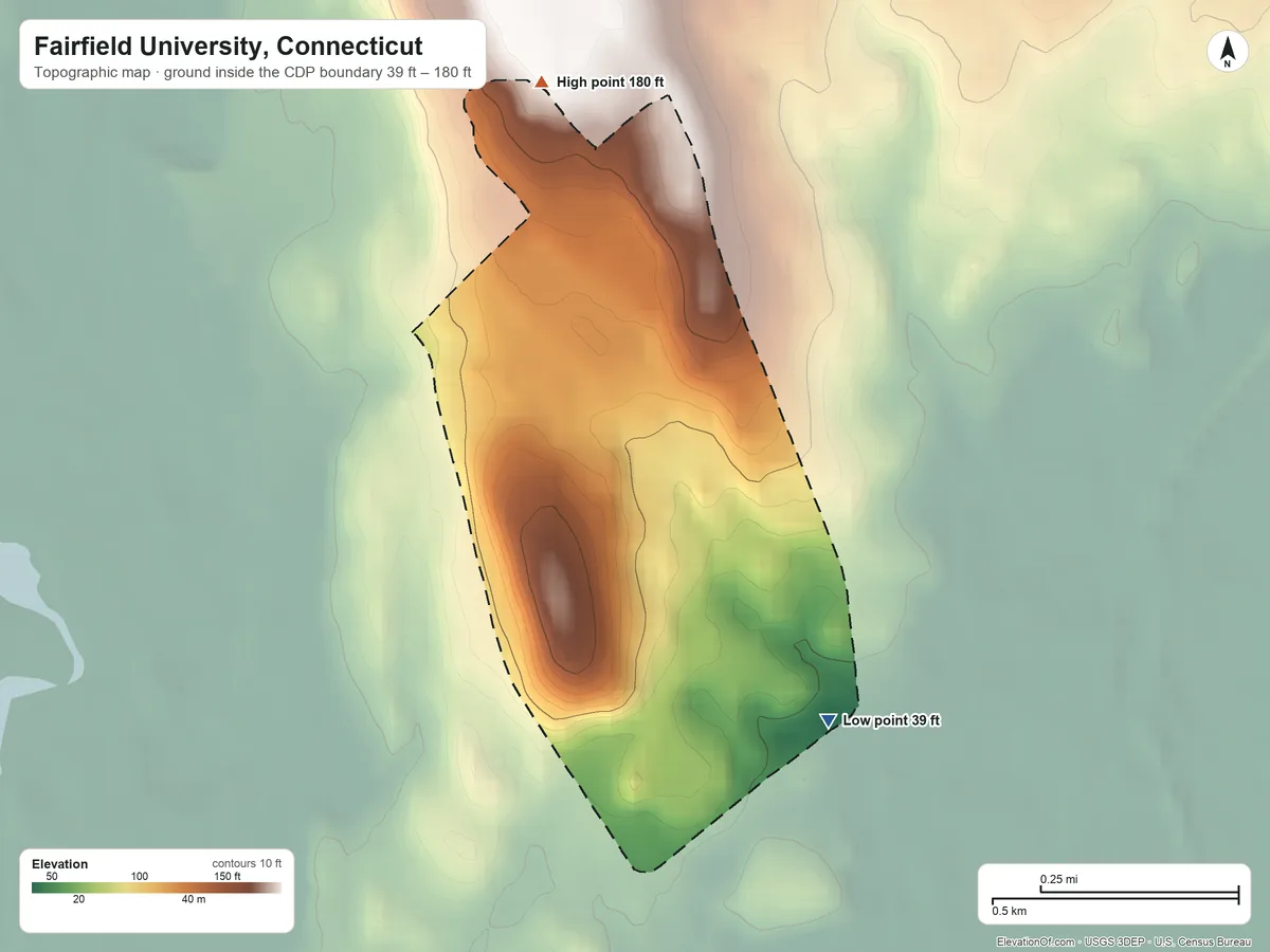 Topographic elevation map of Fairfield University, Connecticut, shaded from 39 ft on the southeast side to 180 ft on the north edge, below higher ground just outside