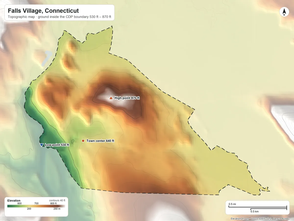 Topographic elevation map of Falls Village, Connecticut, shaded from 530 ft on the west side to 870 ft on Battle Hill