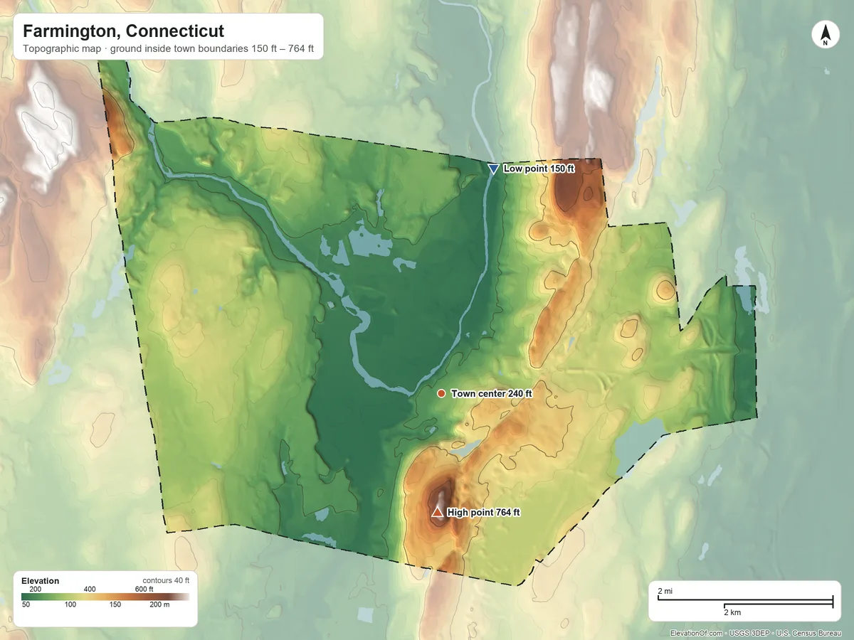 Topographic elevation map of Farmington, Connecticut, shaded from 150 ft on the north side to 764 ft on Rattlesnake Mountain