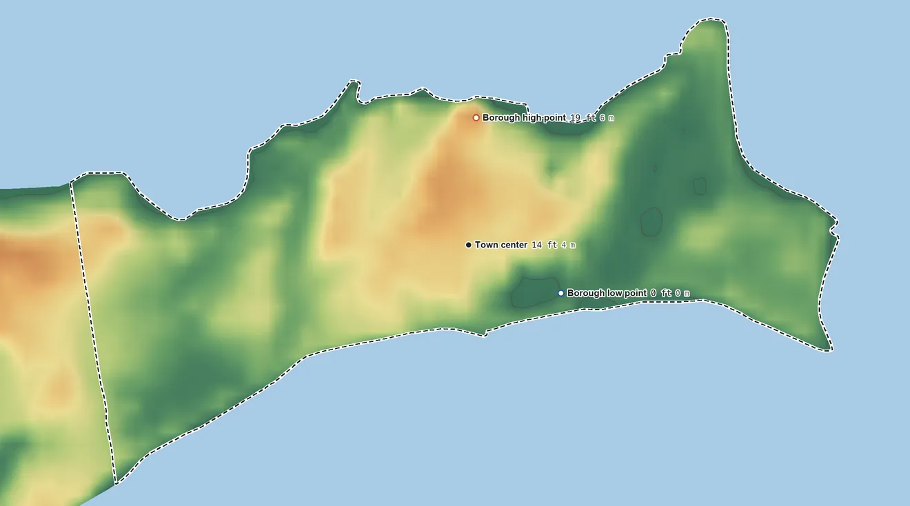 Topographic elevation map of Fenwick, Connecticut, shaded from sea level level on Long Island Sound to 19 ft on the north side