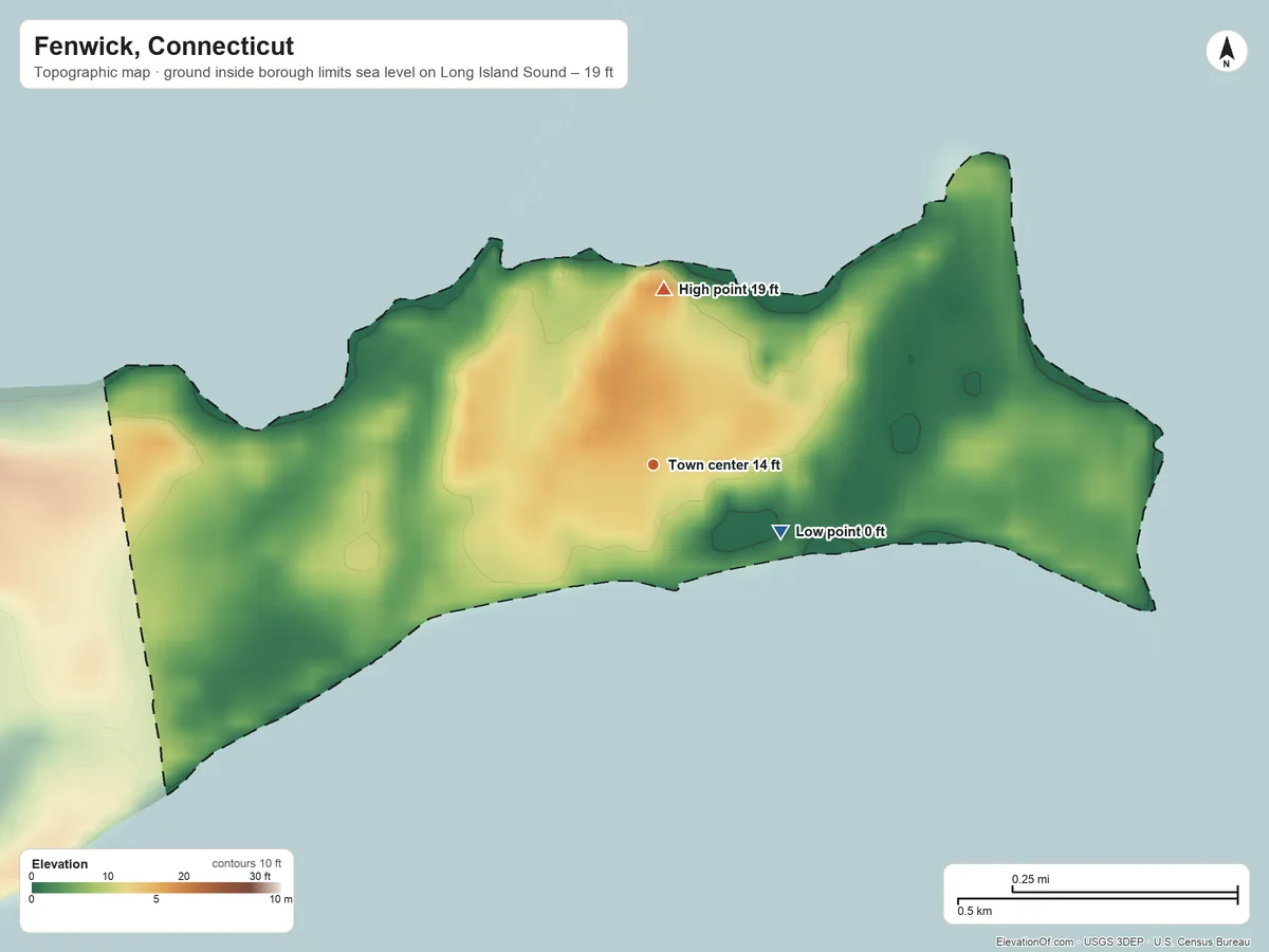 Topographic elevation map of Fenwick, Connecticut, shaded from sea level level on Long Island Sound to 19 ft on the north side