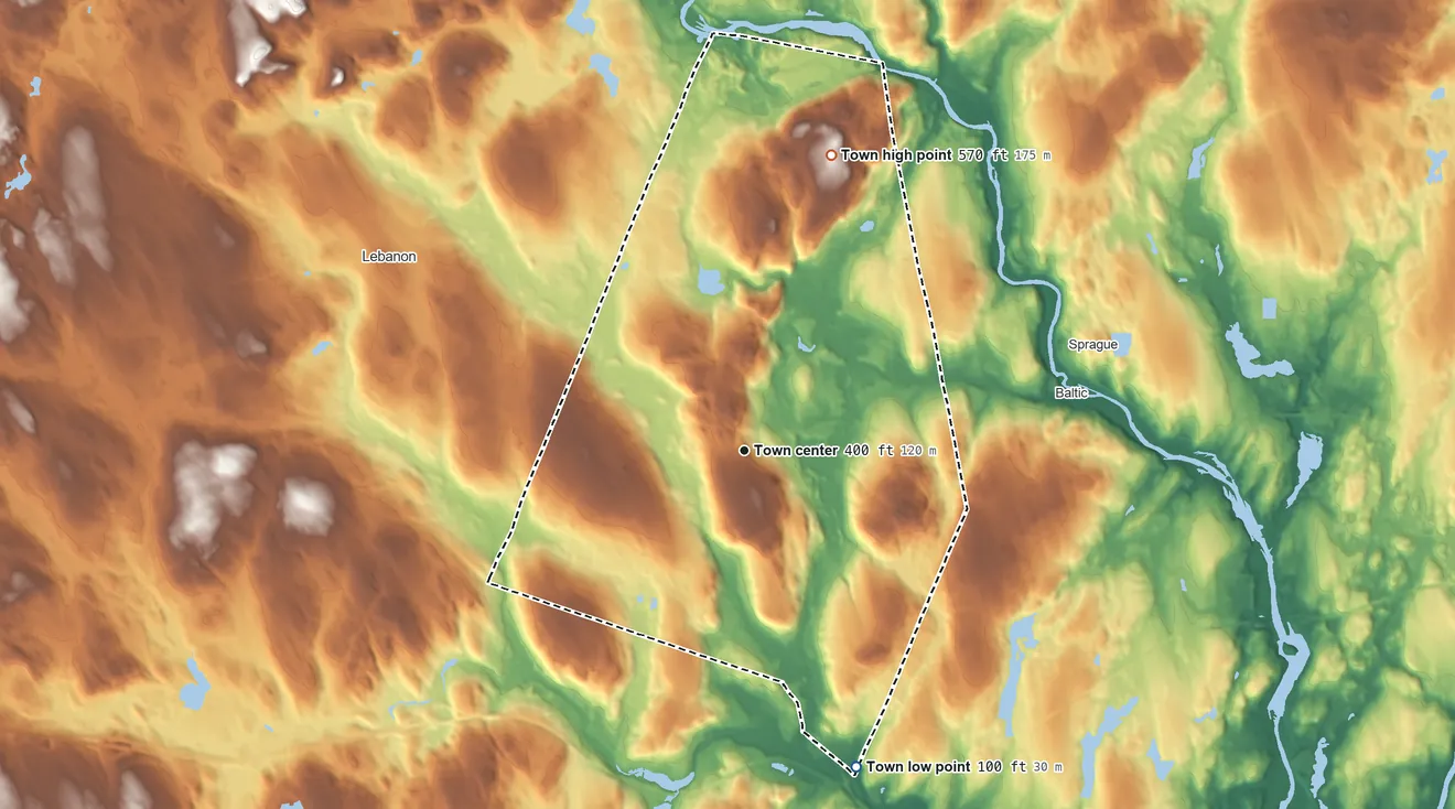 Topographic elevation map of Franklin, Connecticut, shaded from 100 ft on the south side to 570 ft on Pleasure Hill