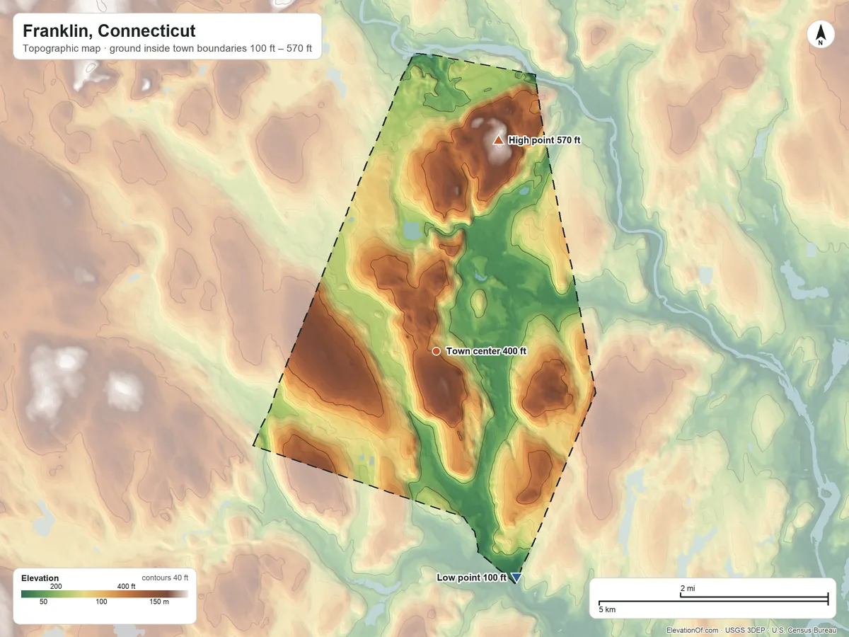 Topographic elevation map of Franklin, Connecticut, shaded from 100 ft on the south side to 570 ft on Pleasure Hill
