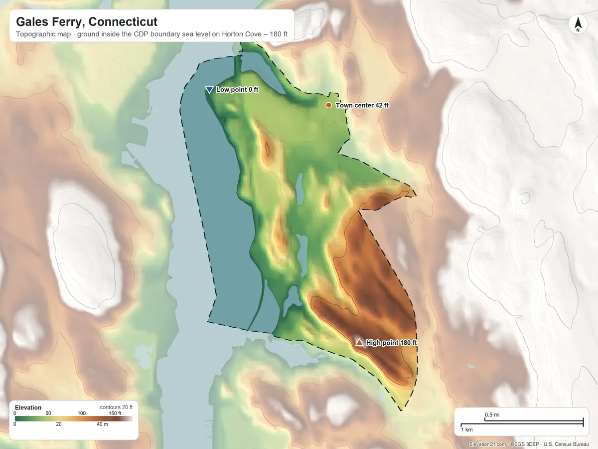 Topographic elevation map of Gales Ferry, Connecticut, shaded from sea level level on Horton Cove to 180 ft on the south side