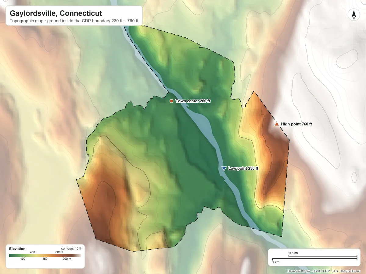 Topographic elevation map of Gaylordsville, Connecticut, shaded from 230 ft on the southeast side to 760 ft on the east side