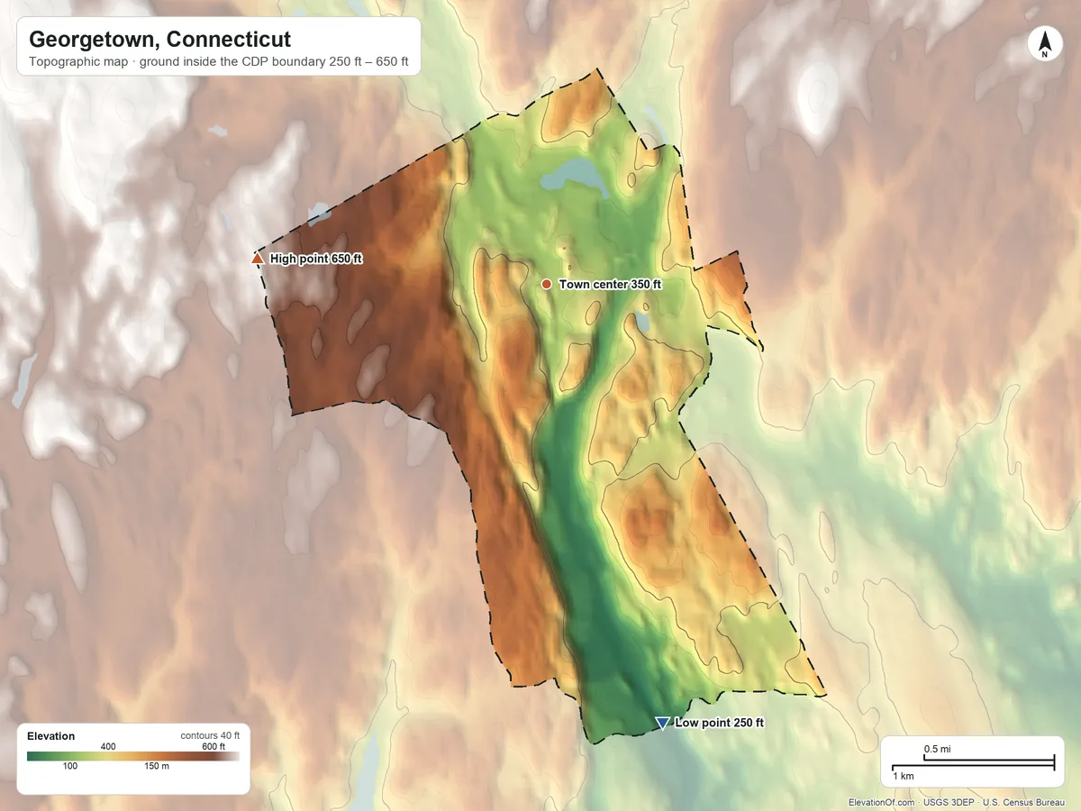 Topographic elevation map of Georgetown, Connecticut, shaded from 250 ft on the south side to 650 ft on the west side