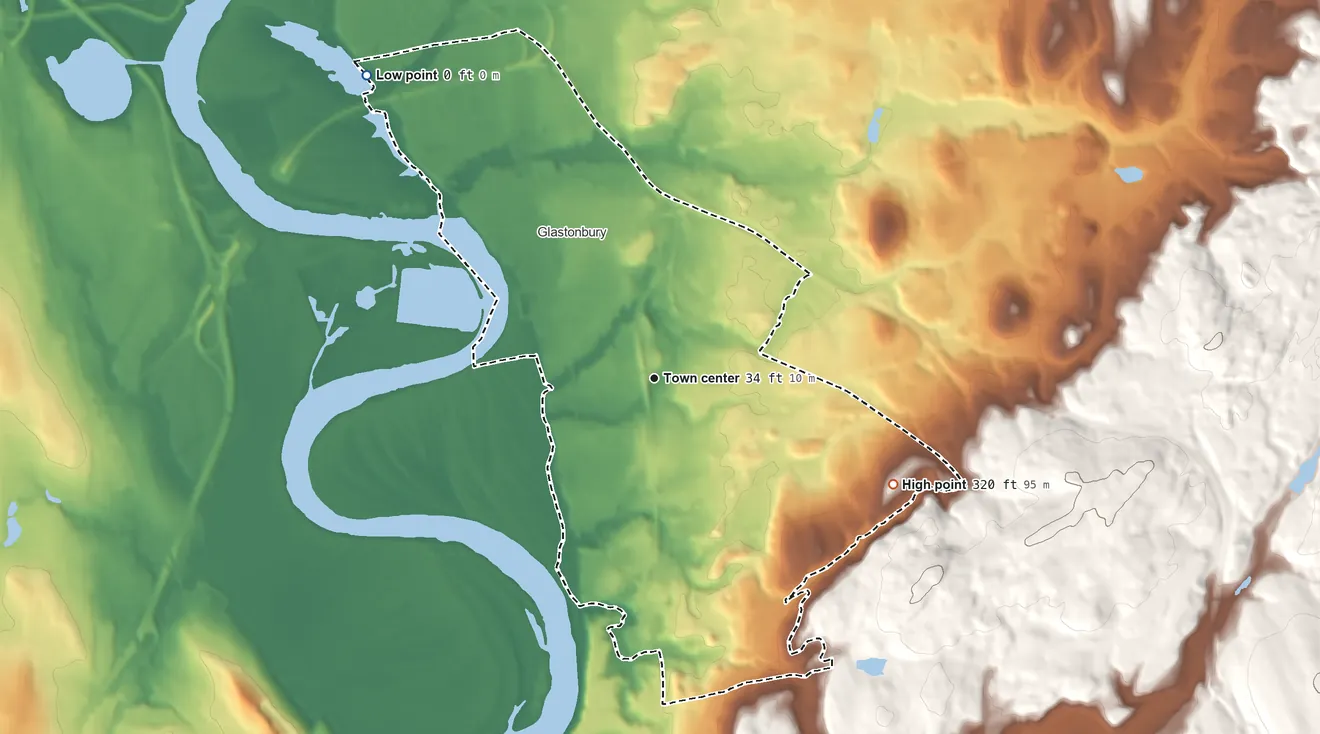 Topographic elevation map of Glastonbury Center, Connecticut, shaded from sea level level on Keeney Cove to 320 ft on the southeast side