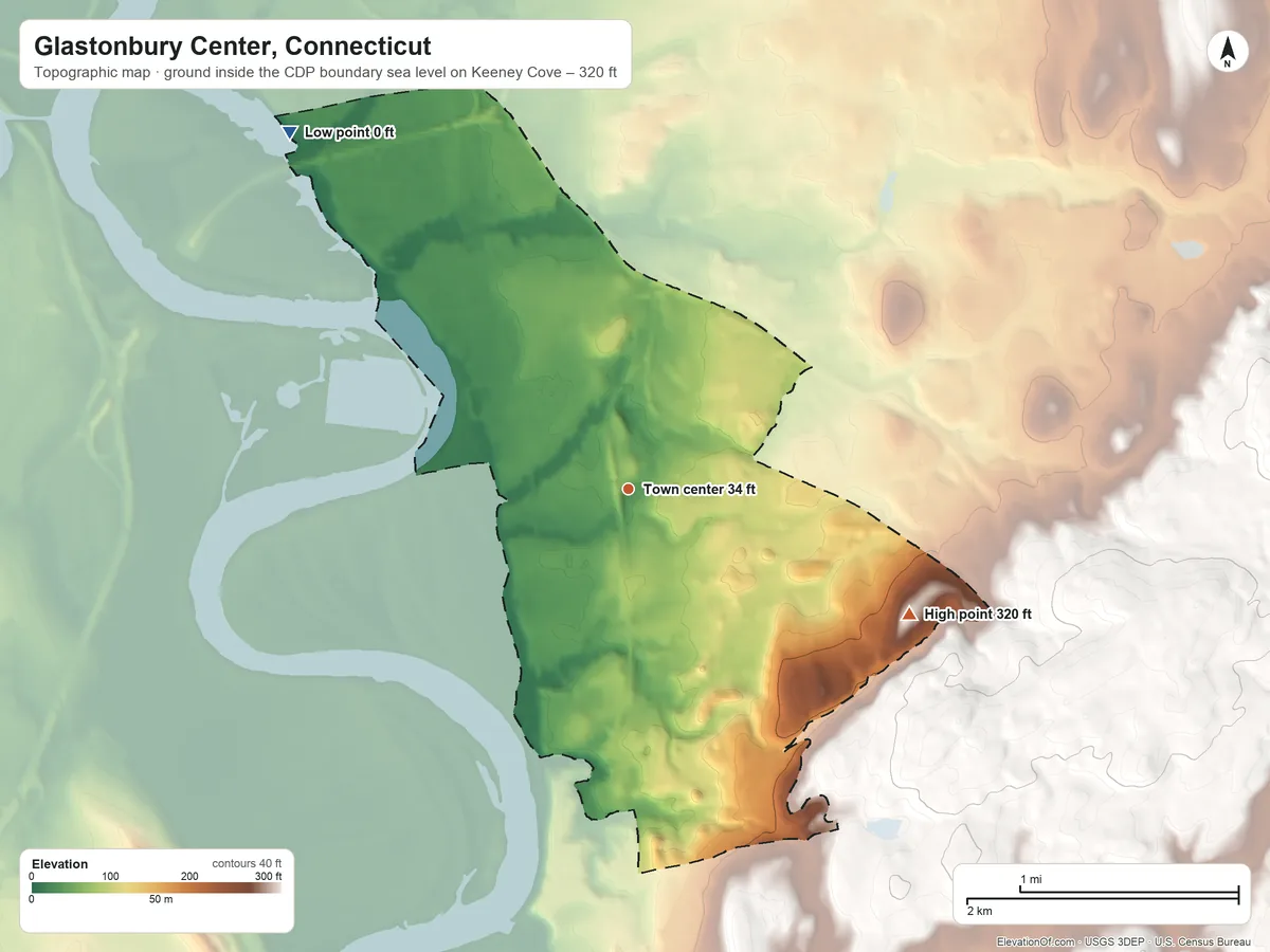 Topographic elevation map of Glastonbury Center, Connecticut, shaded from sea level level on Keeney Cove to 320 ft on the southeast side