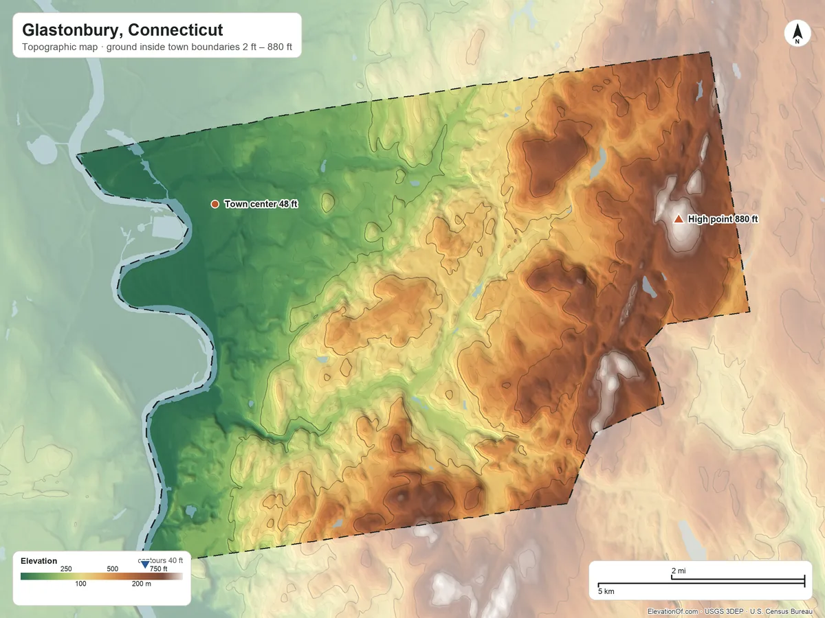 Topographic elevation map of Glastonbury, Connecticut, shaded from 2 ft on the south side to 880 ft on John Tom Hill