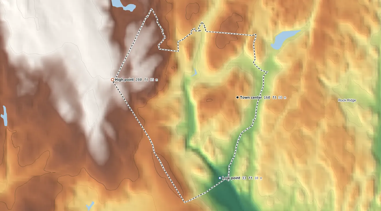 Topographic elevation map of Glenville, Connecticut, shaded from 33 ft on the south side to 280 ft on the west side