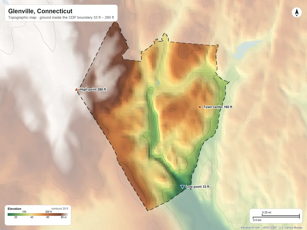 Topographic elevation map of Glenville, Connecticut, shaded from 33 ft on the south side to 280 ft on the west side