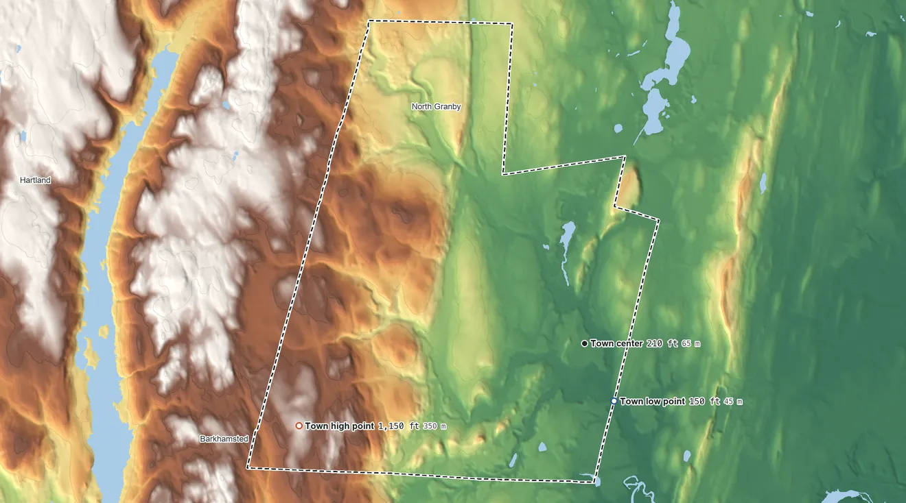 Topographic elevation map of Granby, Connecticut, shaded from 150 ft on the southeast side to 1,150 ft on the west side