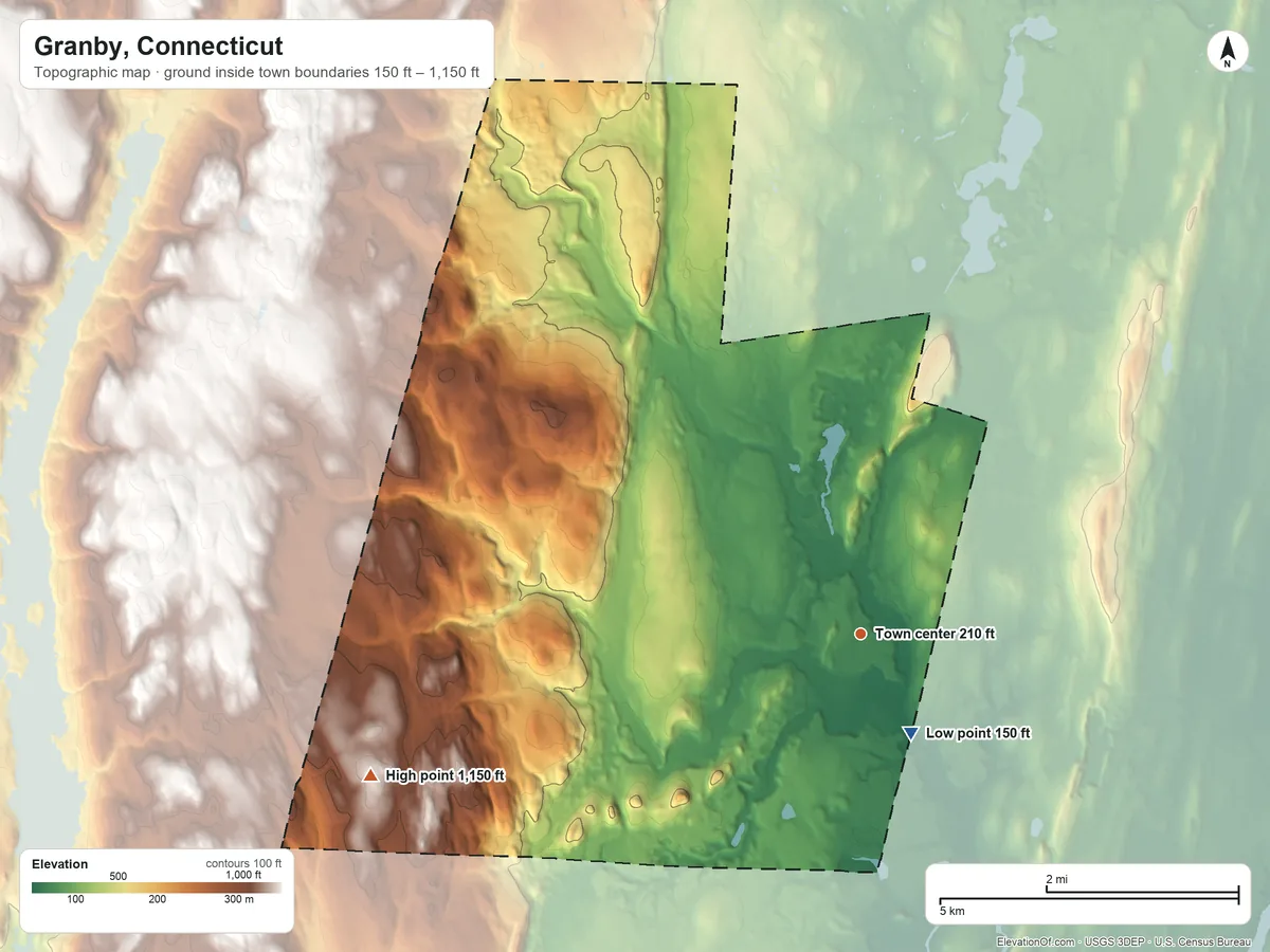Topographic elevation map of Granby, Connecticut, shaded from 150 ft on the southeast side to 1,150 ft on the west side