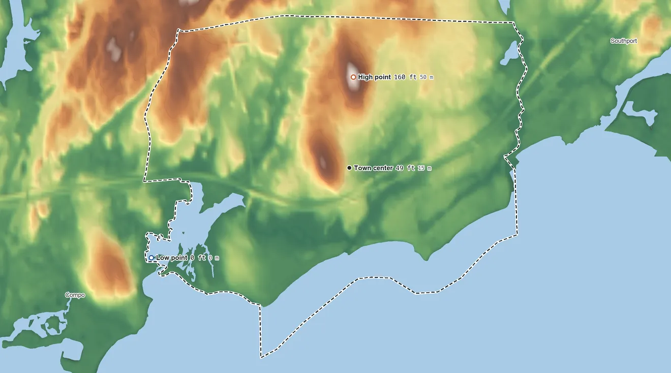 Topographic elevation map of Greens Farms, Connecticut, shaded from sea level level on the Holly Pond to 160 ft on Turkey Hill