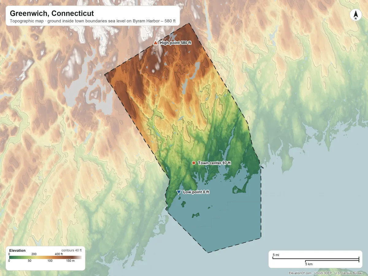 Topographic elevation map of Greenwich, Connecticut, shaded from sea level level on Byram Harbor to 580 ft on the north side