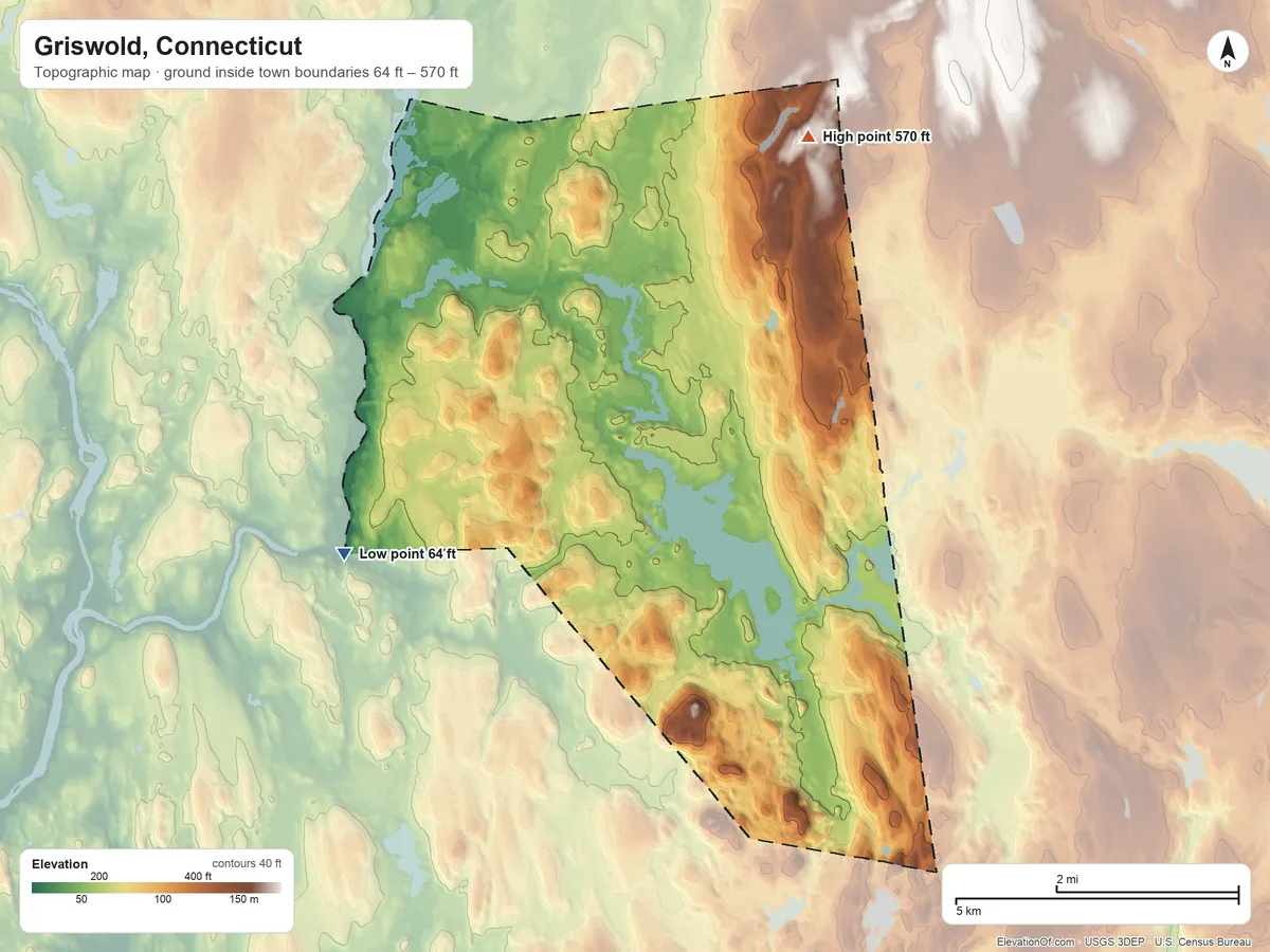 Topographic elevation map of Griswold, Connecticut, shaded from 64 ft on the southwest side to 570 ft on the northeast side