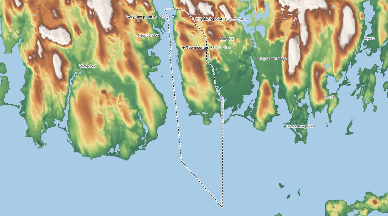 Topographic elevation map of City of Groton, Connecticut, shaded from sea level level on Winthrop Cove to 160 ft on the north side