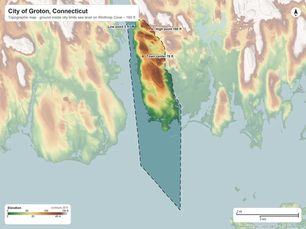 Topographic elevation map of City of Groton, Connecticut, shaded from sea level level on Winthrop Cove to 160 ft on the north side