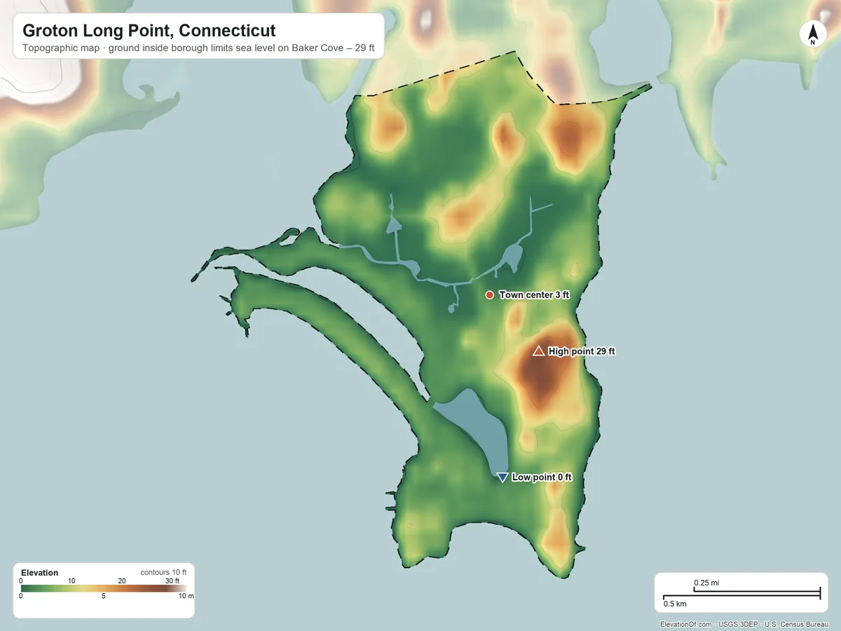 Topographic elevation map of Groton Long Point, Connecticut, shaded from sea level level on Baker Cove to 29 ft on the southeast side