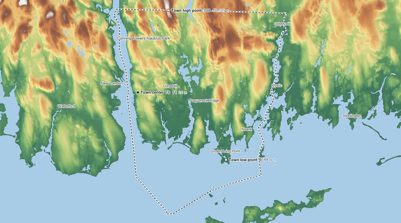 Topographic elevation map of Groton, Connecticut, shaded from sea level level on Baker Cove to 340 ft on the north edge, below higher ground just outside