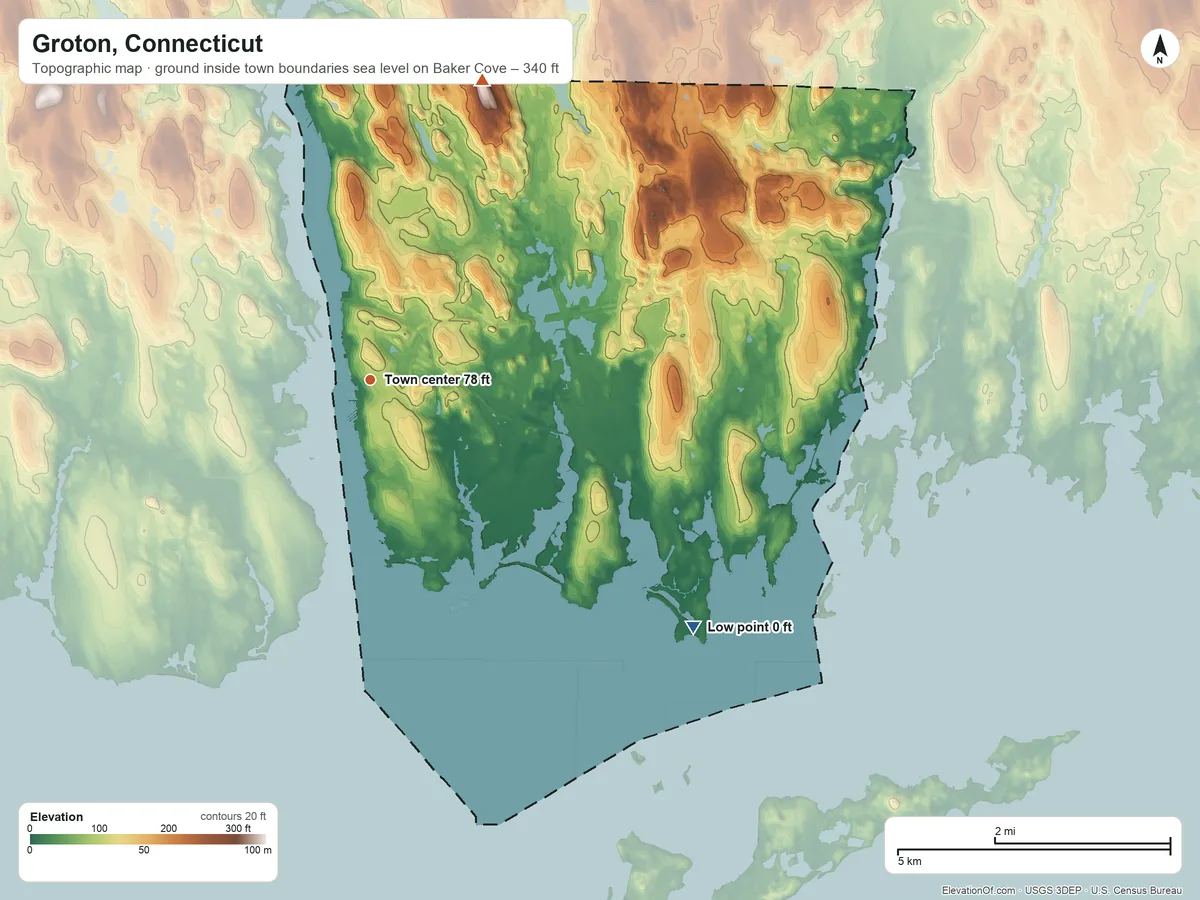 Topographic elevation map of Groton, Connecticut, shaded from sea level level on Baker Cove to 340 ft on the north edge, below higher ground just outside