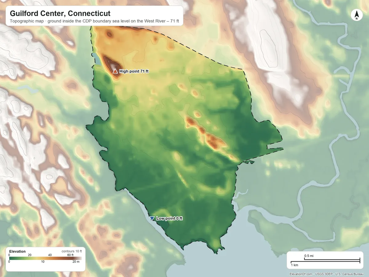Topographic elevation map of Guilford Center, Connecticut, shaded from sea level level on the West River to 71 ft on the northwest side
