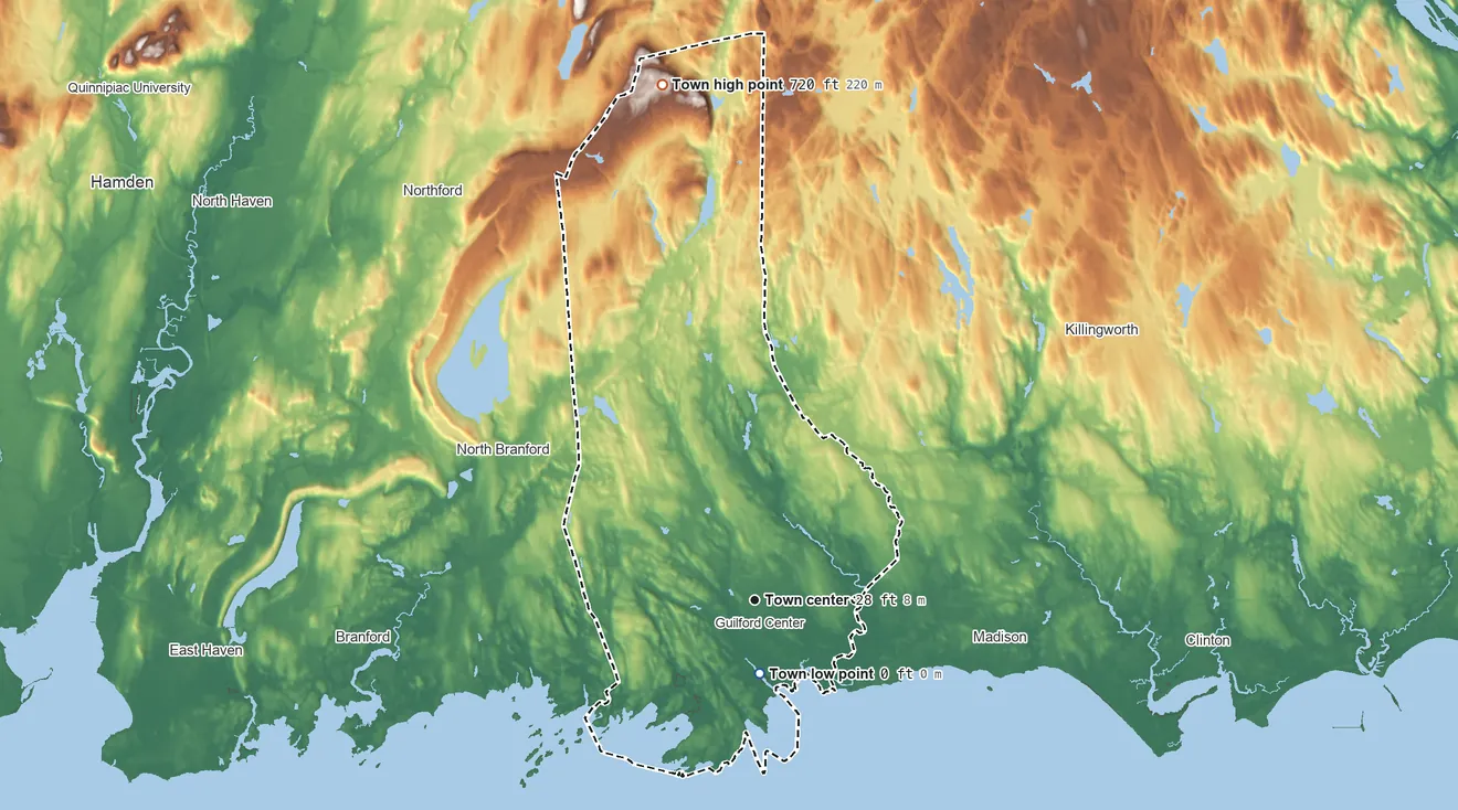 Topographic elevation map of Guilford, Connecticut, shaded from sea level level on the West River to 720 ft on Totoket Mountain