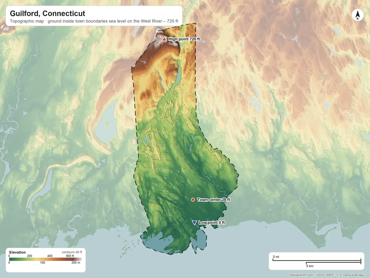 Topographic elevation map of Guilford, Connecticut, shaded from sea level level on the West River to 720 ft on Totoket Mountain